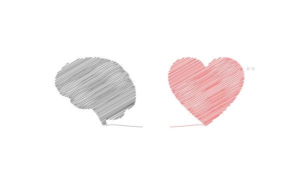 Heart and brain logo with broken line. Head vs heart emotions