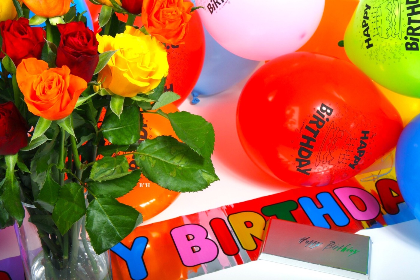 happy birthday flowers and balloons